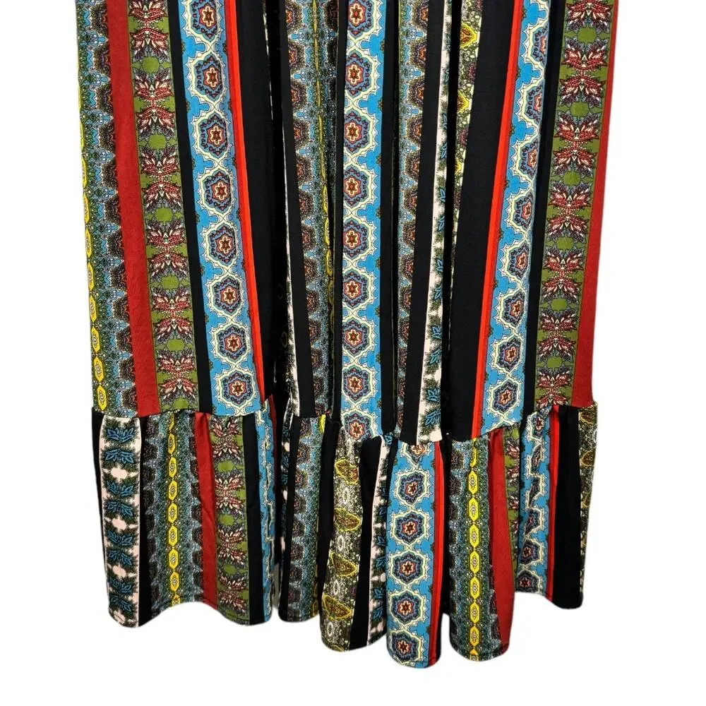 Tahari Tile Stripe Maxi Dress Small Boho Festival Stretch Jersey Black Multi - Picture 5 of 7